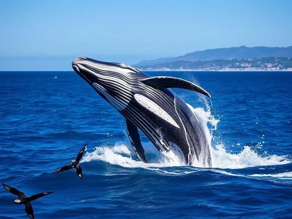 Humpback whale breaching near Burleigh Head National Park during migration season