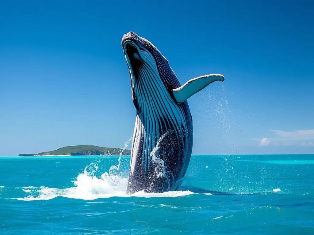 Humpback whale breaching near Lady Musgrave Island during winter migration season