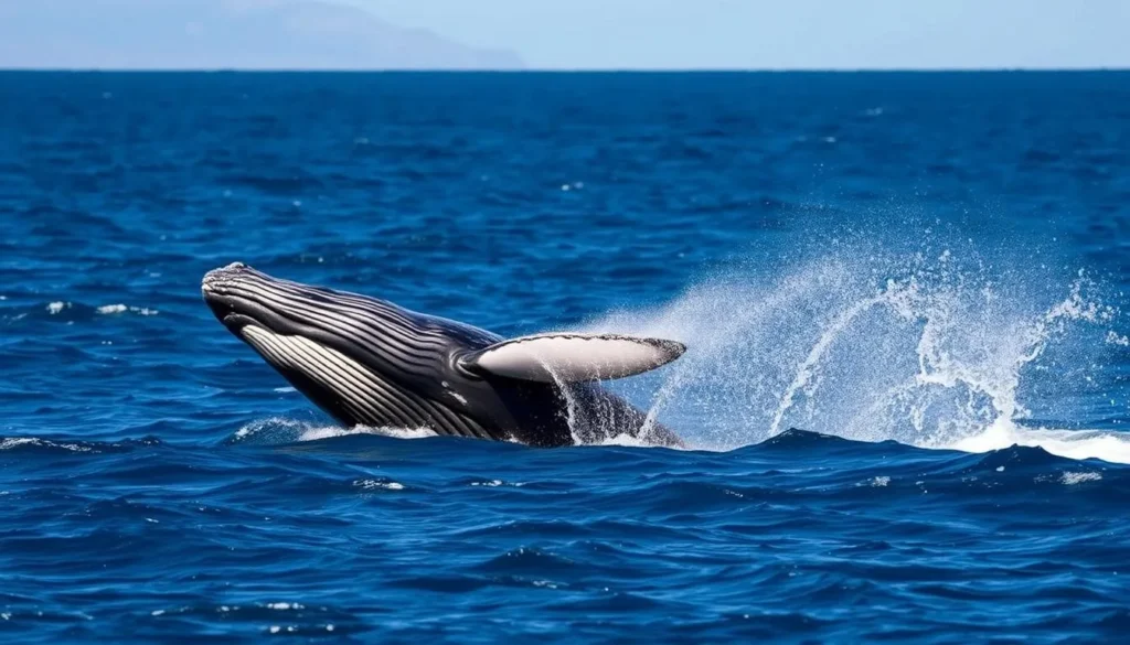 Humpback whale breaching near the coast of Tonsupa, Ecuador during migration season