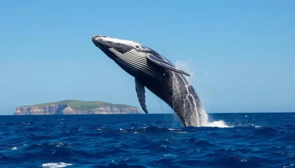 Humpback whale breaching off the coast of Eurobodalla National Park during migration season
