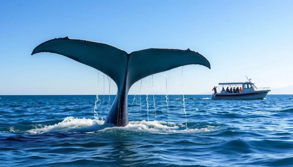 Humpback whale tail fluke in Hervey Bay with tour boat in background Humpback whale tail fluke in Hervey Bay with tour boat in background