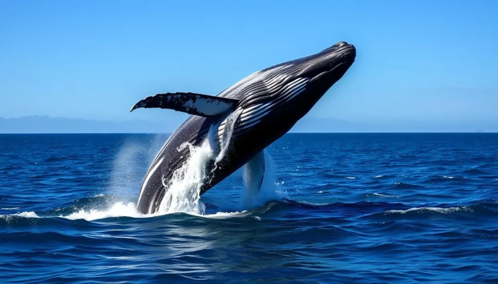 Humpback whales breaching in the waters of Utria National Natural Park during whale watching season