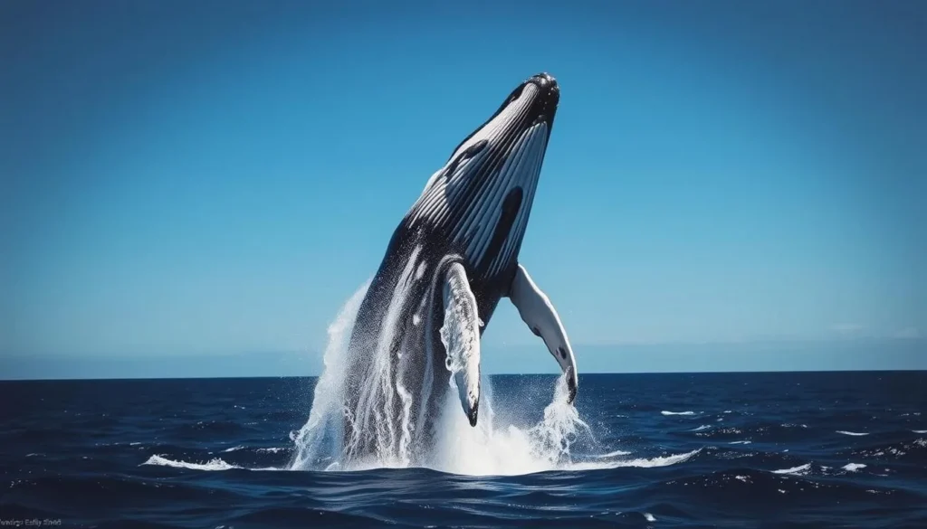 Humpback whales breaching near Puerto Lopez Ecuador during whale watching season, one of the best things to do in the area