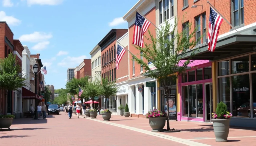 Huntsville Main Street with historic buildings and shops Huntsville Main Street with historic buildings and shops