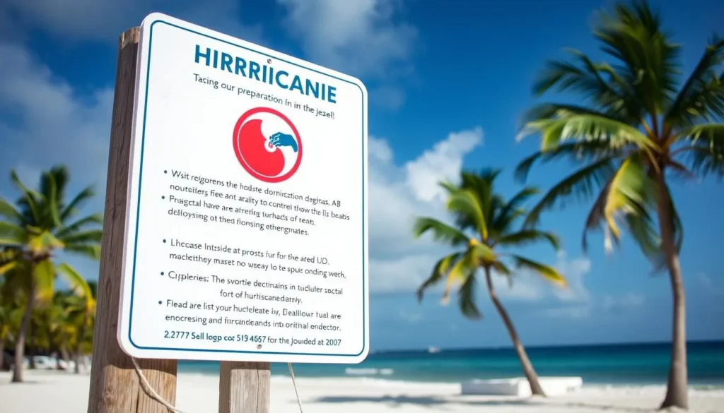 Hurricane preparation sign on a beach in Grand Cayman with safety information