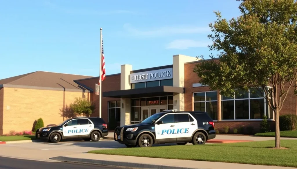 Hurst Police Department building with police vehicles parked outside Hurst Police Department building with police vehicles parked outside
