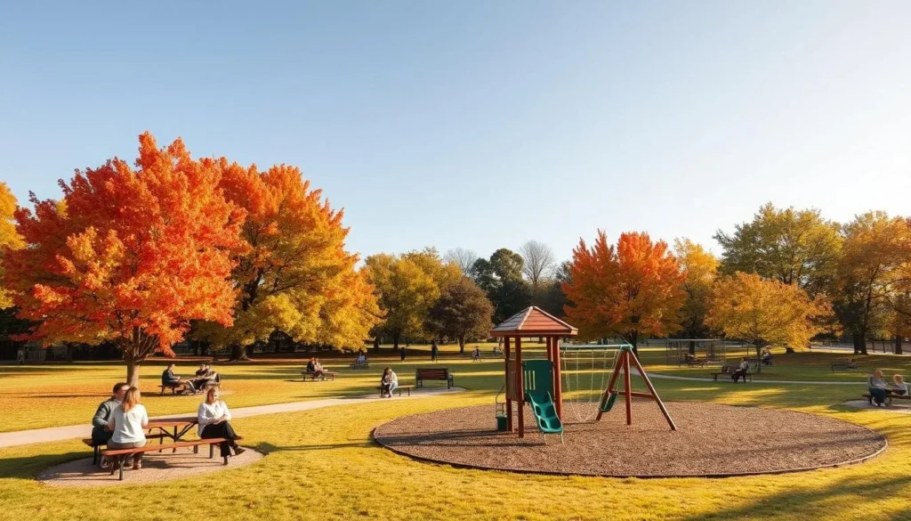 Hurst Texas park during autumn with colorful foliage and families enjoying outdoor activities Hurst Texas park during autumn with colorful foliage and families enjoying outdoor activities