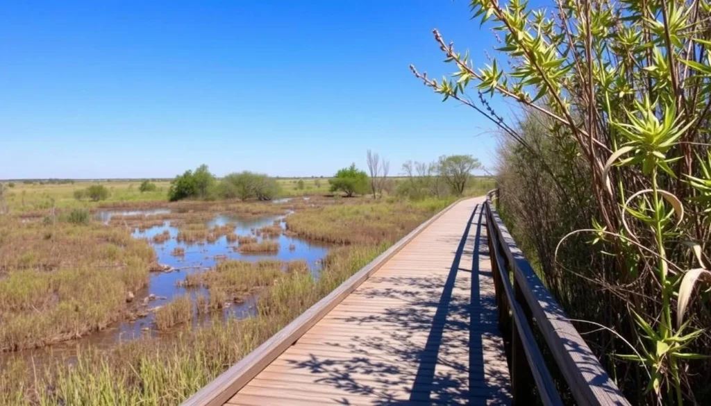 I-20 Wildlife Preserve boardwalk trail through wetlands in Midland, Texas I-20 Wildlife Preserve boardwalk trail through wetlands in Midland, Texas