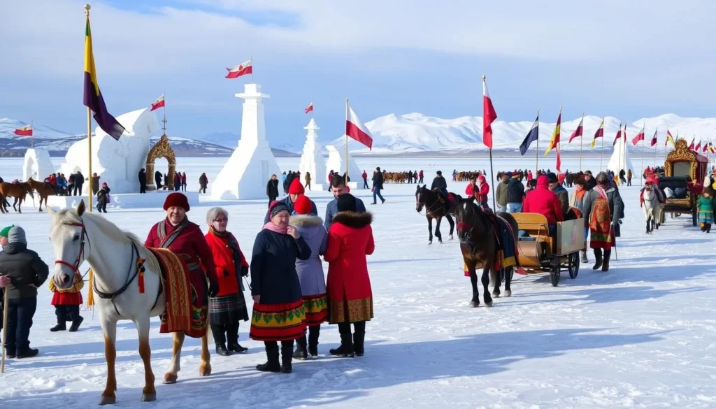 Ice Festival celebration on frozen Lake Khubsugul with ice sculptures and traditional performances