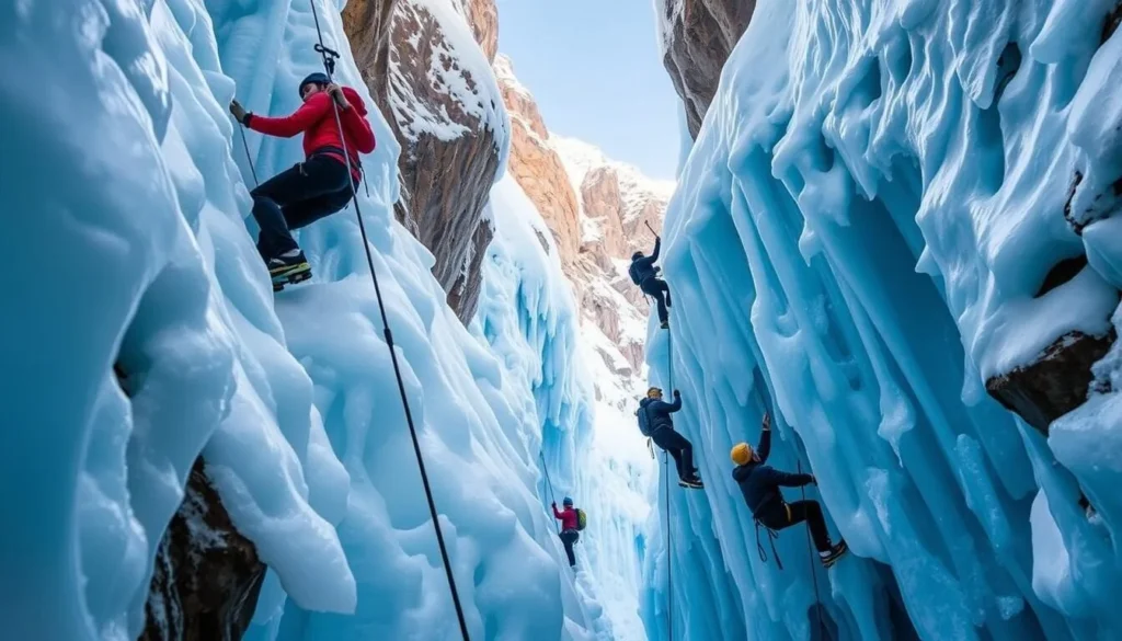 Ice climbers at the Ouray Ice Park during winter, showcasing unique activities during the colder months to visit
