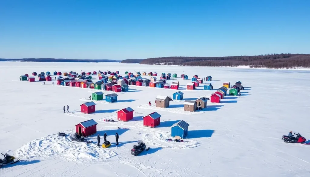 Ice fishing village on frozen Lake Nipissing in winter