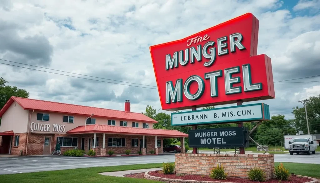 Image of Munger Moss Motel in Lebanon, Missouri, with a retro-style sign.