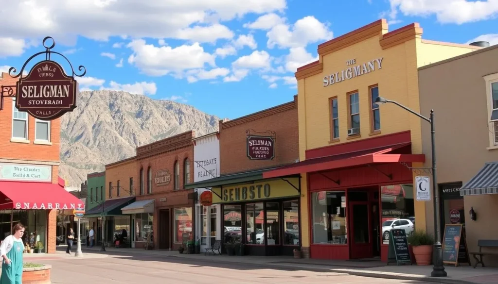 Image of Seligman's downtown area, showcasing its colorful storefronts and vintage charm
