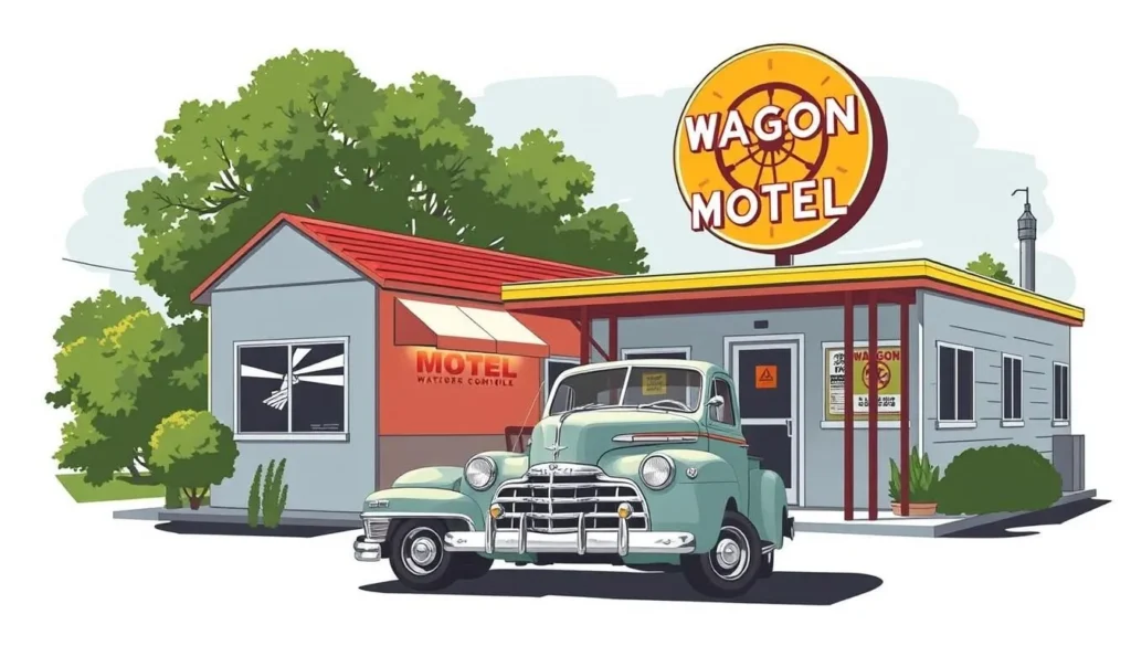 Image of Wagon Wheel Motel in Cuba, Missouri, with a vintage car parked in front.