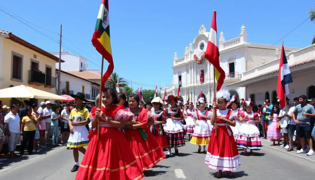 Independence Day parade in Santa Rosa de Copan with colorful costumes and decorations