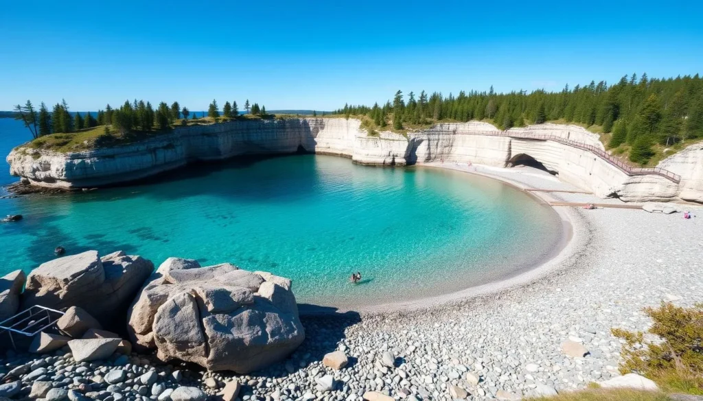 Indian Head Cove beach with clear turquoise waters and limestone cliffs Indian Head Cove beach with clear turquoise waters and limestone cliffs