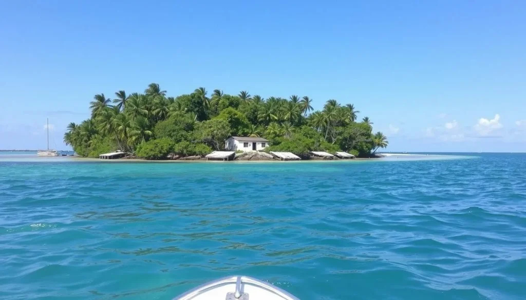 Indian Key Historic State Park ruins visible from a boat near Lignumvitae Key Botanical State Park Indian Key Historic State Park ruins visible from a boat near Lignumvitae Key Botanical State Park