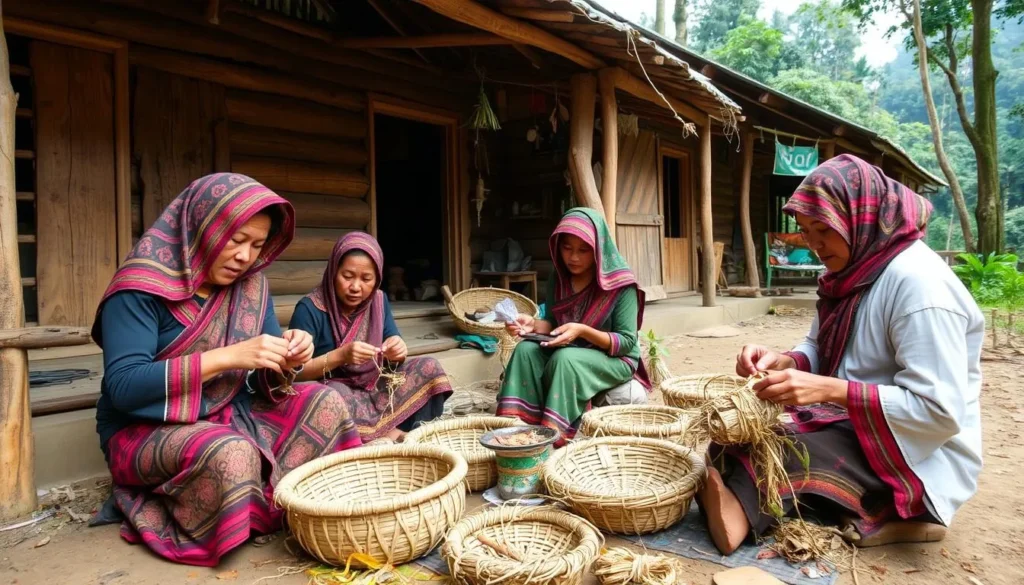 Indigenous Talang Mamak people demonstrating traditional crafts near Bukit Tigapuluh National Park Indigenous Talang Mamak people demonstrating traditional crafts near Bukit Tigapuluh National Park