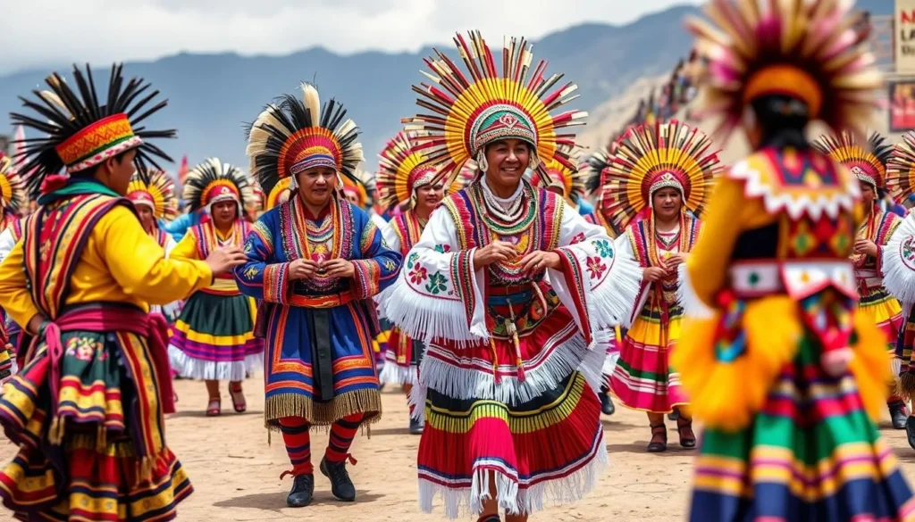 Indigenous festival with colorful traditional costumes near Chimborazo Indigenous festival with colorful traditional costumes near Chimborazo