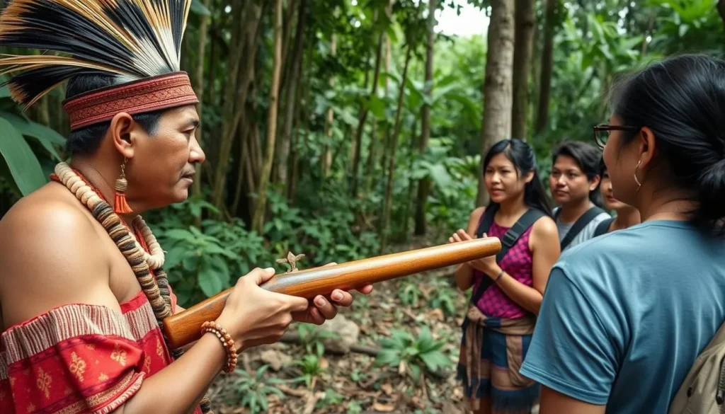 Indigenous guide demonstrating traditional blowgun hunting techniques in the Amazon Jungle, Ecuador