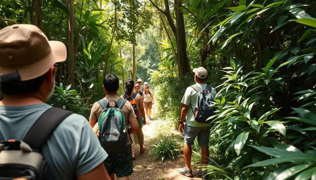 Indigenous guide leading tourists on a jungle trek through the Amazon rainforest near Leticia, Colombia Indigenous guide leading tourists on a jungle trek through the Amazon rainforest near Leticia, Colombia