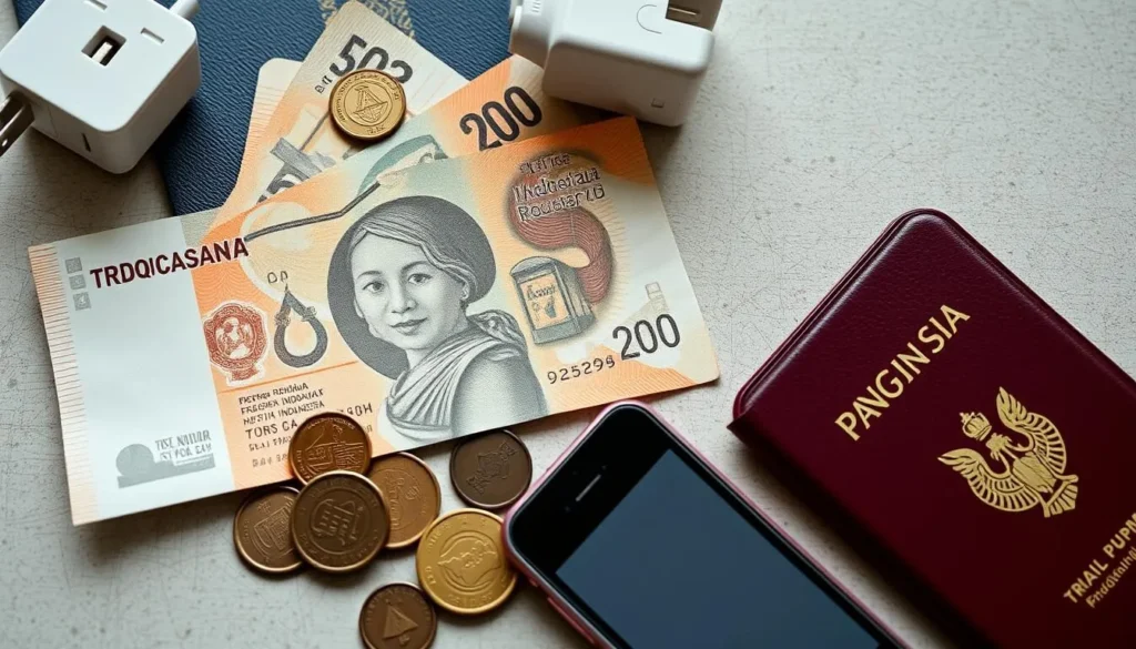 Indonesian Rupiah currency notes and coins displayed with travel essentials