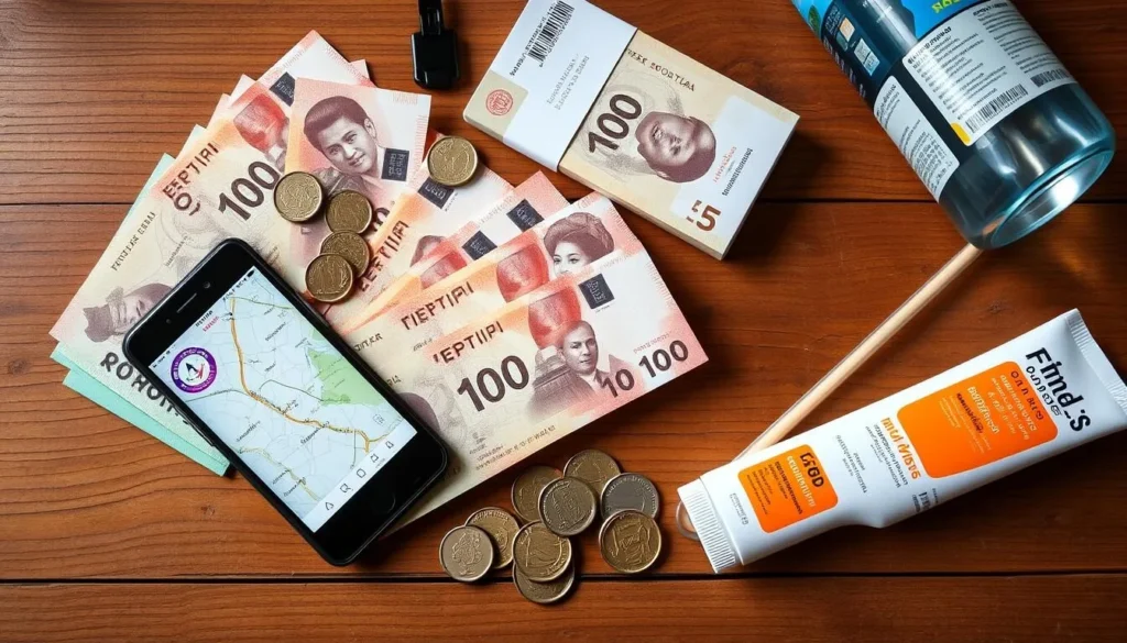Indonesian Rupiah currency notes and coins with travel essentials like map and phone