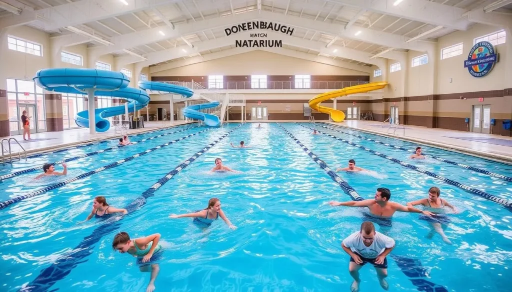 Indoor pool at Don Rodenbaugh Natatorium with water features and swimmers