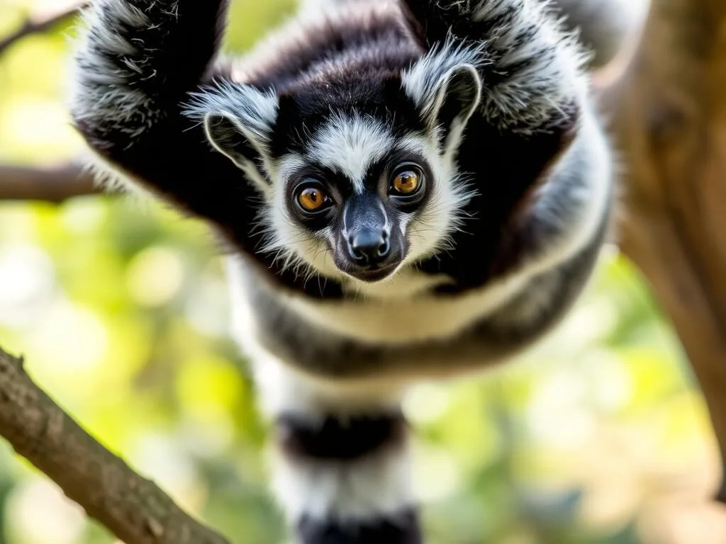 Indri lemur hanging in a tree in Zahamena National Park