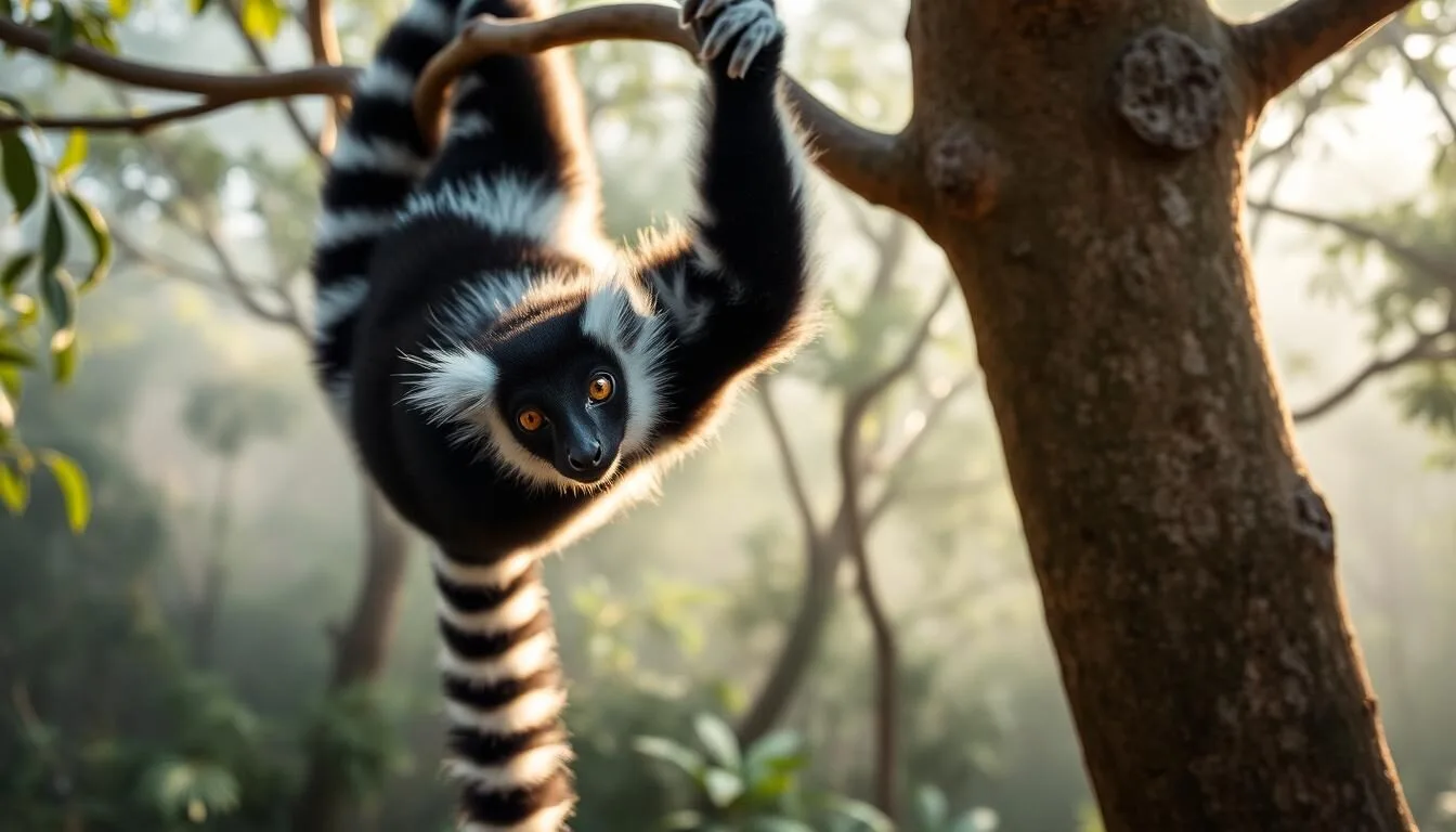 Indri lemur hanging in the trees at Analamazaotra National Park