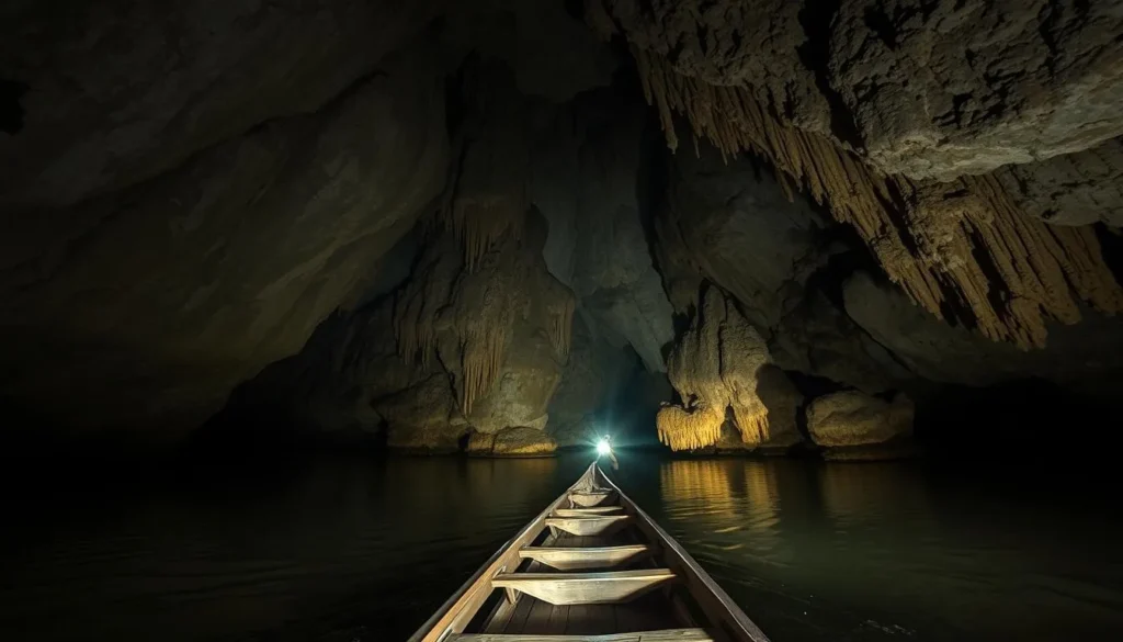Inside Kong Lor Cave with boat on underground river in Phou Hin Poun National Protected Area