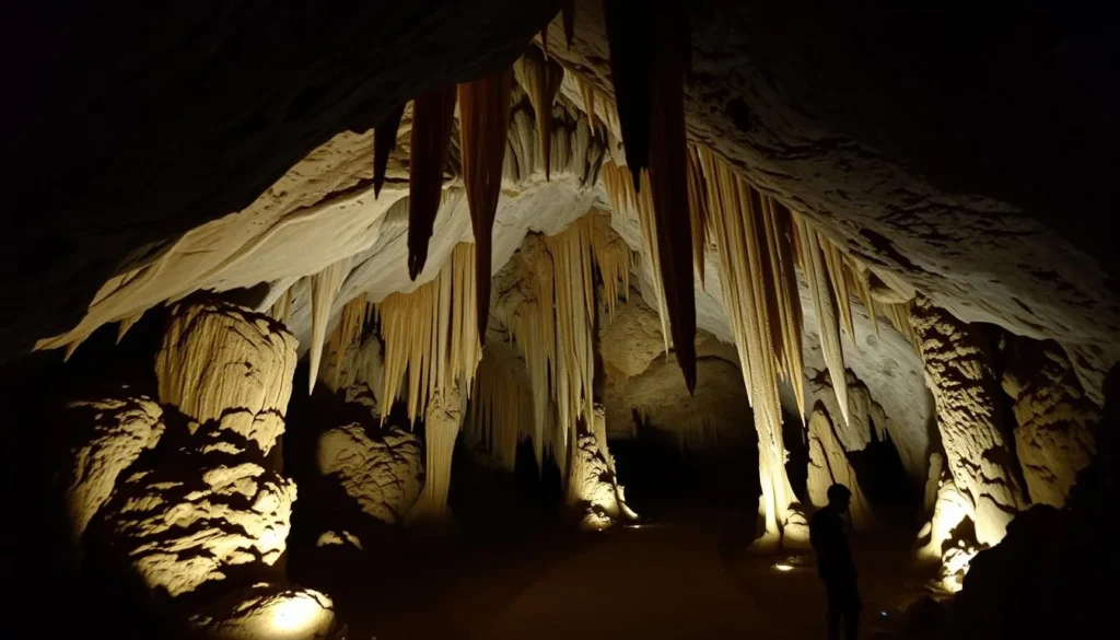 Inside Tham Chang Cave with illuminated stalactites and stalagmites, exploring caves is among top Vang Vieng, Laos things to do