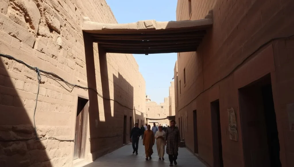 Inside view of Shibam's walled city showing the narrow streets between tall mud-brick buildings