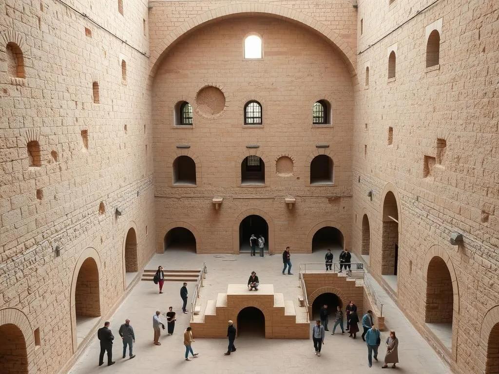 Interior courtyard of Ajloun Castle showing stone architecture and arches Interior courtyard of Ajloun Castle showing stone architecture and arches