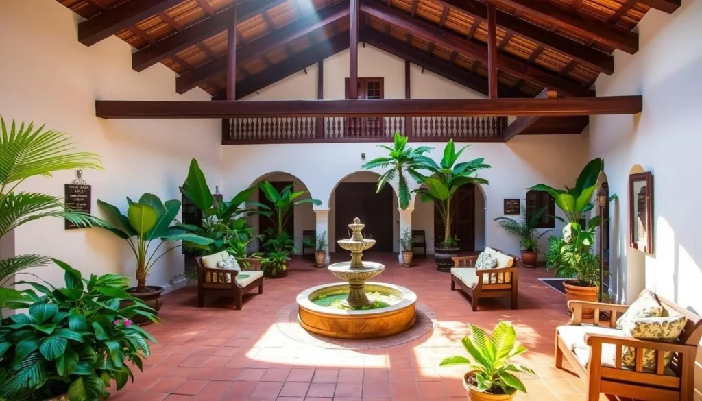 Interior courtyard of Hotel Boutique Casa de Los Santos Reyes with colonial architecture, plants, and traditional Colombian decor