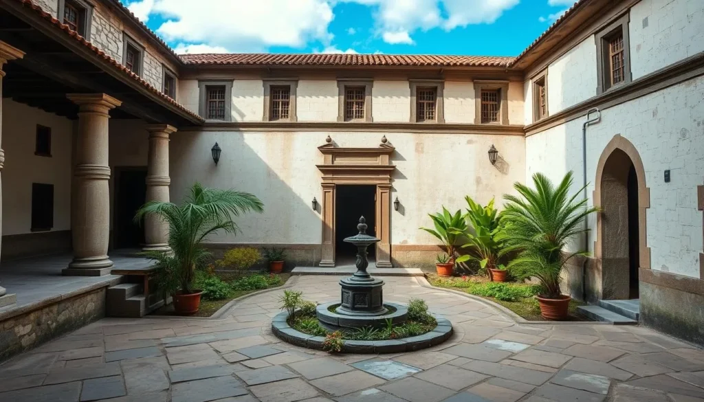 Interior courtyard of Juan Montalvo's Mausoleum in Ambato with traditional architecture and garden Interior courtyard of Juan Montalvo's Mausoleum in Ambato with traditional architecture and garden