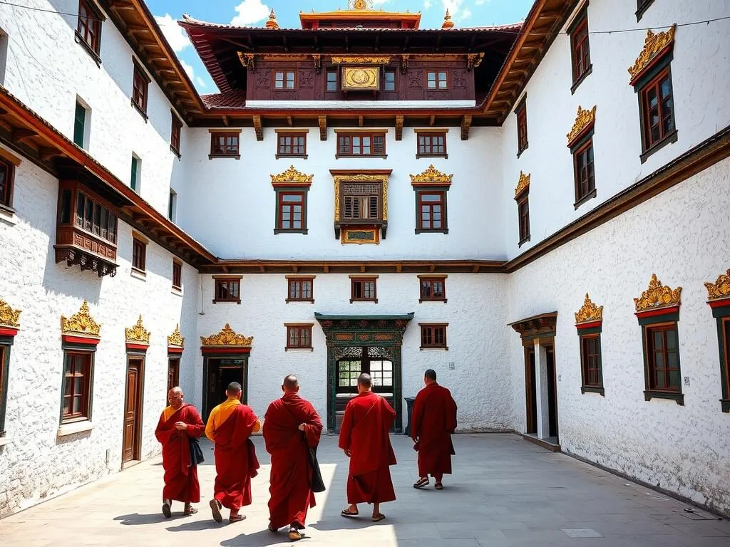 Interior courtyard of Tashichho Dzong with monks in traditional red robes