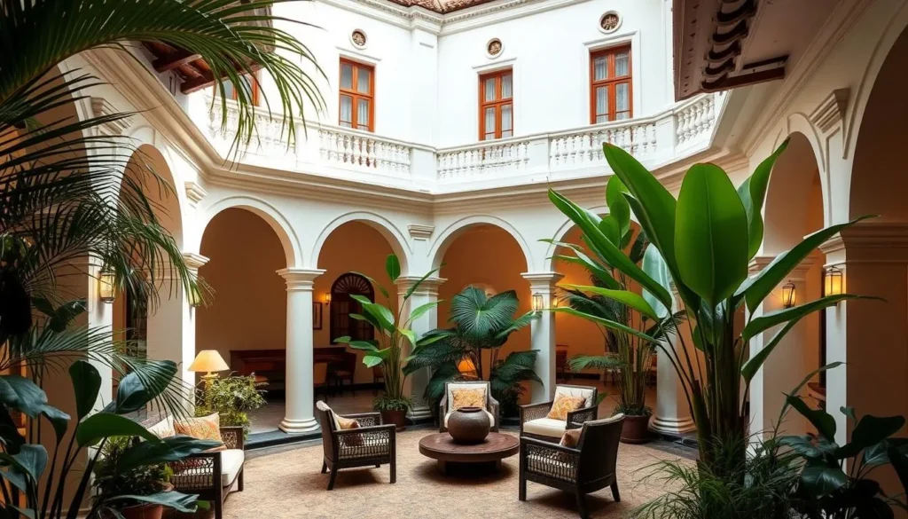 Interior courtyard of a boutique hotel in Galle Fort with colonial architecture