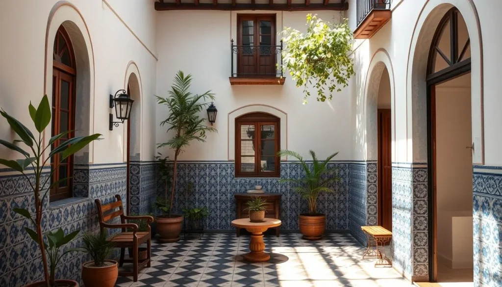 Interior courtyard of a historic pousada in Sao Luis Brazil with traditional Portuguese tiles and colonial architecture