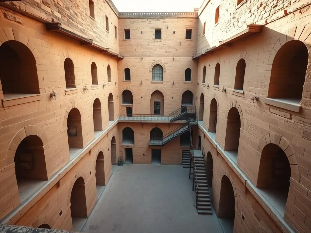 Interior courtyard of a ksar in Tataouine showing the multi-level ghorfas and traditional architecture Interior courtyard of a ksar in Tataouine showing the multi-level ghorfas and traditional architecture