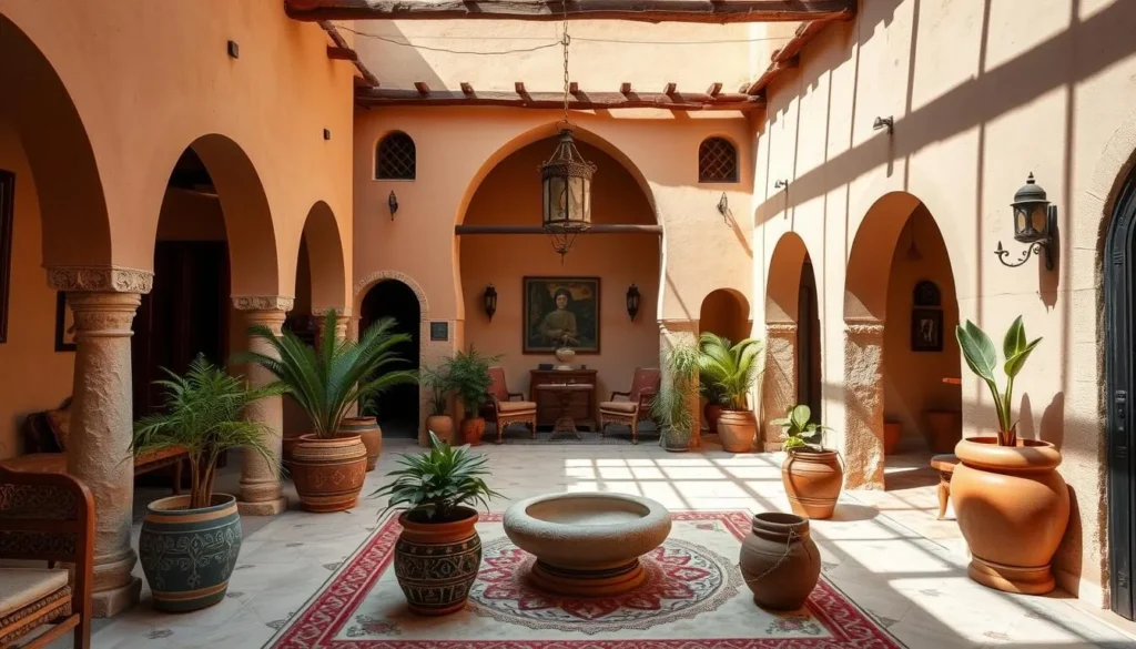 Interior courtyard of a traditional guesthouse in Zaghouan with Andalusian architecture Interior courtyard of a traditional guesthouse in Zaghouan with Andalusian architecture