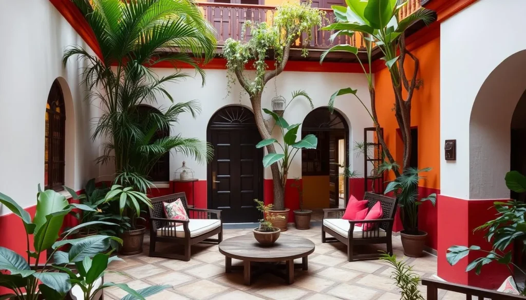 Interior courtyard of a traditional pousada in Olinda with colonial architecture and tropical plants Interior courtyard of a traditional pousada in Olinda with colonial architecture and tropical plants
