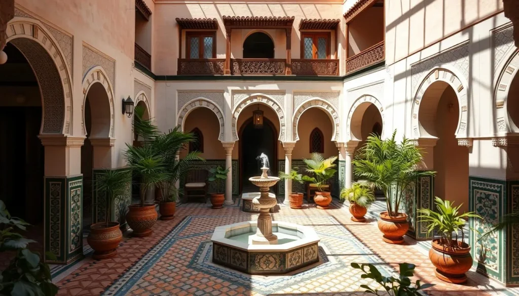 Interior courtyard of a traditional riad in Taroudant with fountain and Moroccan architecture
