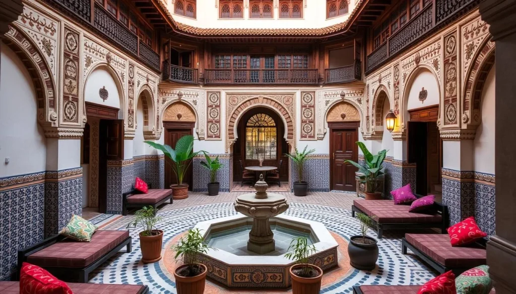 Interior courtyard of a traditional riad in Tetouan with Moroccan architecture and decor