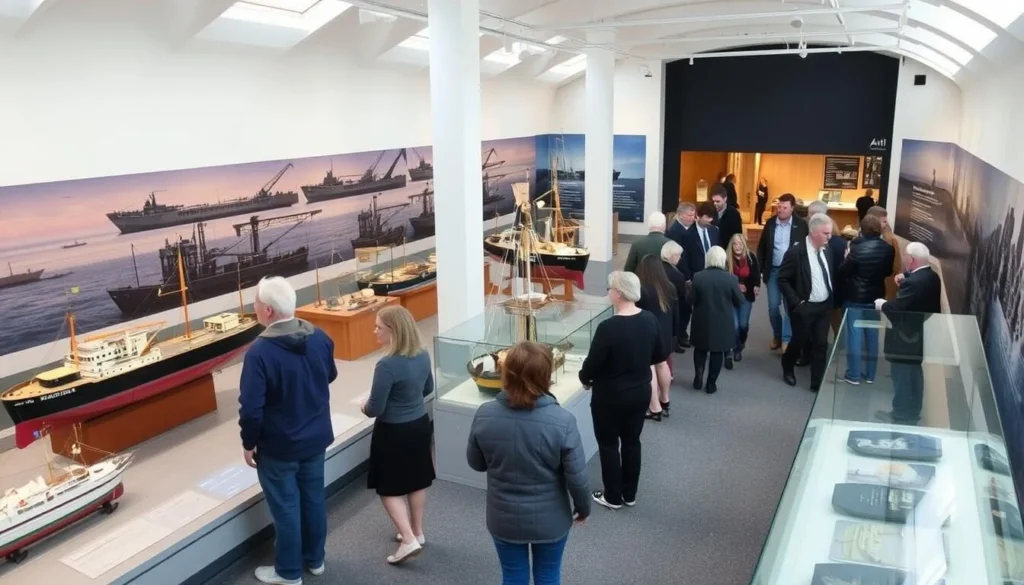 Interior of Aberdeen Maritime Museum showing exhibits about the city's relationship with the sea