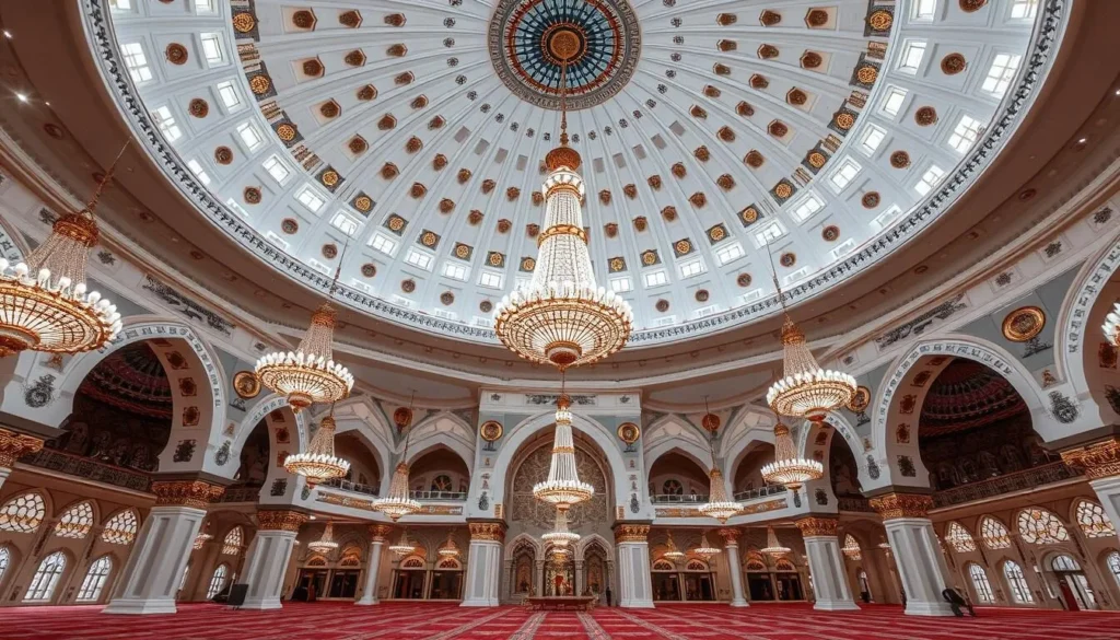 Interior of Al Fateh Grand Mosque in Bahrain showing the ornate dome, chandeliers, and prayer hall Interior of Al Fateh Grand Mosque in Bahrain showing the ornate dome, chandeliers, and prayer hall