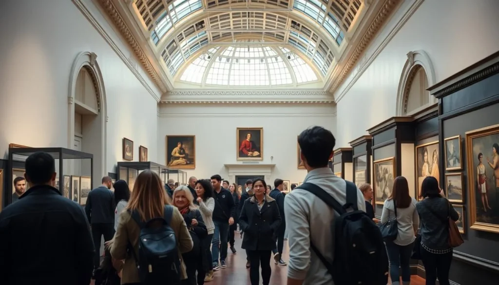 Interior of Brighton Museum and Art Gallery showing exhibits and visitors