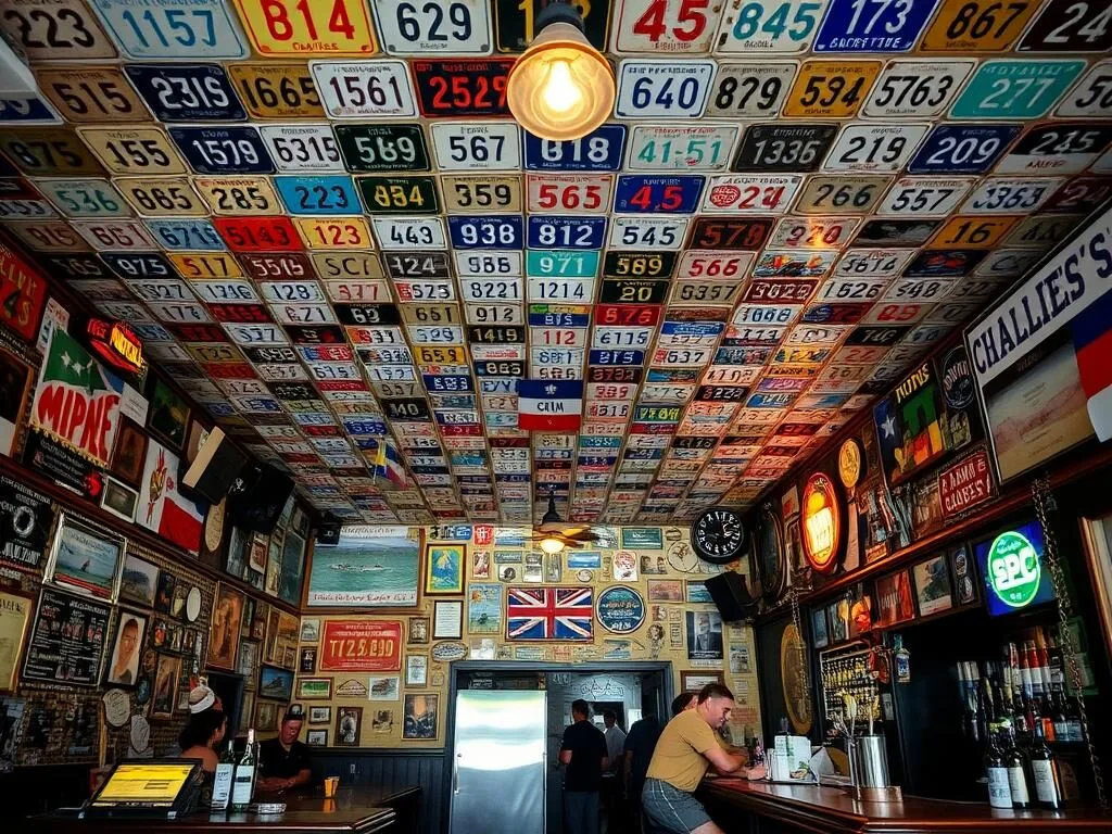 Interior of Charlie's Bar in San Nicolas Aruba with memorabilia covering walls