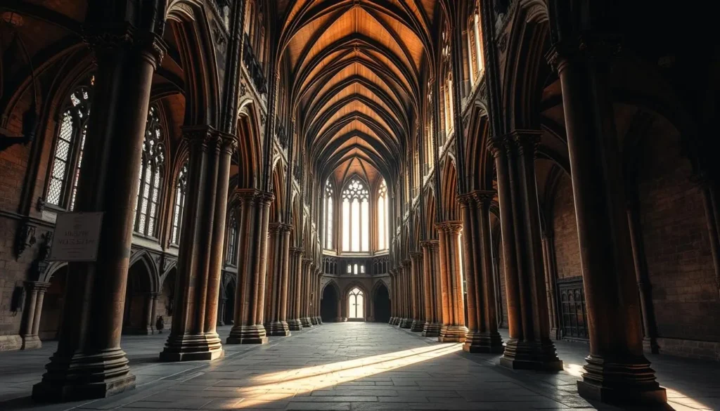 Interior of Durham Cathedral showing the magnificent Norman architecture and cloisters used in Harry Potter films, a top attraction in Durham, England: Best Things to Do