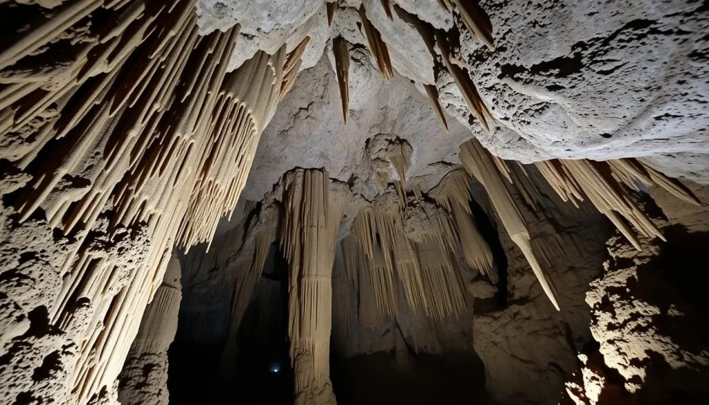 Interior of Grutas de Cacahuamilpa showing massive stalactites and stalagmites with dramatic lighting